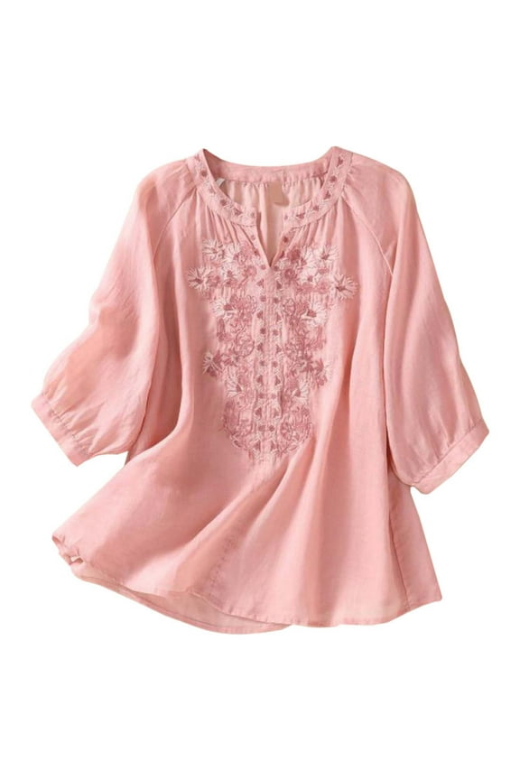 Women's Plus Womens Tops Dressy Women's Linen Embroidered Shirt V Neck Simplicity Solid Color ¾ Sleeve Top M