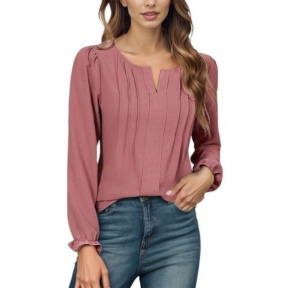 EDFBUYKRS Womens Long Sleeve Tops Sweater Shirt Crew Neck Ruffle Sleeve 2026 Fall Casual Loose Smocked Blouse T Shirts Beige Xl