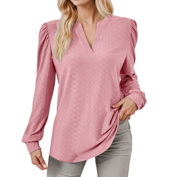 EDFBUYKRS Womens Tops Fall Long Sleeve Shirts Business Casual V Neck Loose T-Shirts Dressy Work Tops with Smocked L