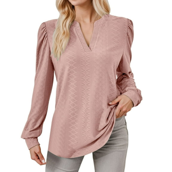 EDFBUYKRS Womens Tops Fall Long Sleeve Shirts Business Casual V Neck Loose T-Shirts Dressy Work Tops with Smocked M