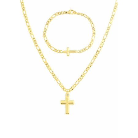 EDFORCE 20" WOMENS MENS Stainless Steel GOLD Figaro Link Chain Necklace Cross Pendant w/ Matching Figaro Link Bracelet Highly Polished Jewelry w/ Plain Classic GOLD Cross