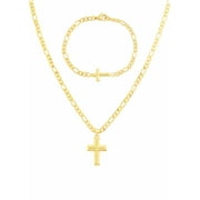 EDFORCE 20 WOMENS MENS Stainless Steel GOLD Figaro Link Chain Necklace Cross Pendant w/ Matching Figaro Link Bracelet Highly Polished Jewelry w/ Plain Classic GOLD Cross