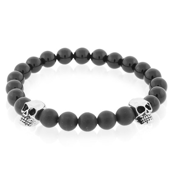 EDFORCE Stainless Steel Black Beads Silver-Tone Skulls Mens Stretch Bracelet, 8"
