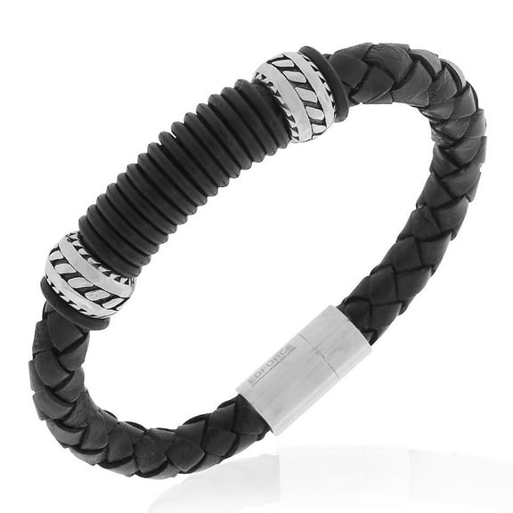 EDFORCE Stainless Steel Black Leather Mens Bracelet