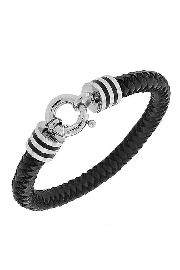 Stainless Steel Black Leather Silver-Tone Wristband Men's Bracelet