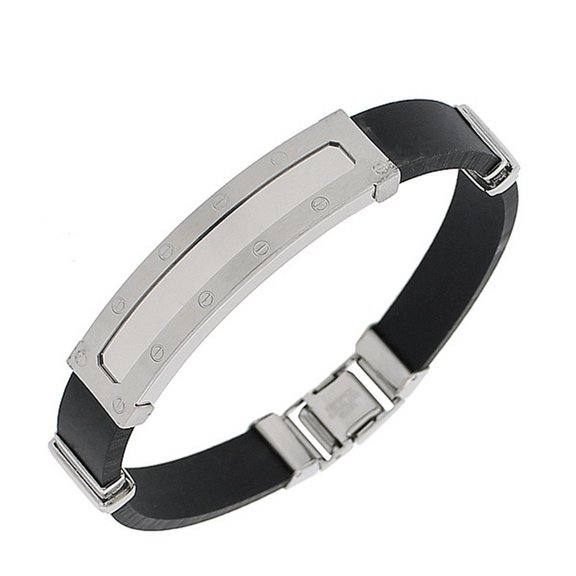 EDFORCE Stainless Steel Black Rubber Silicone Silver-Tone Men's Bracelet