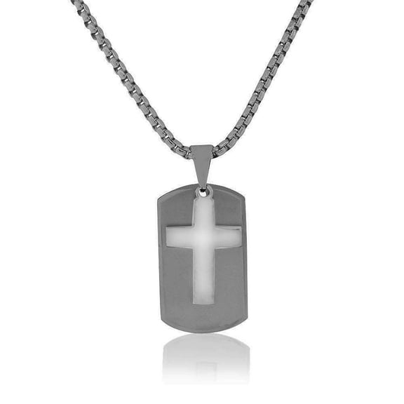 EDFORCE Stainless Steel Black Silver-Tone Dog Tag Mens Religious Cross Pendant Necklace, 20"
