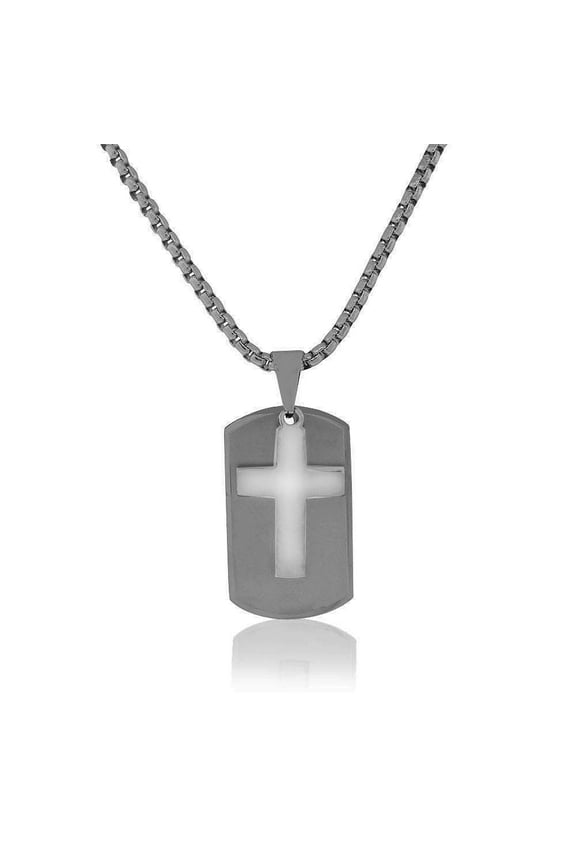 Stainless Steel Black Silver-Tone Dog Tag Mens Religious Cross Pendant Necklace, 20"
