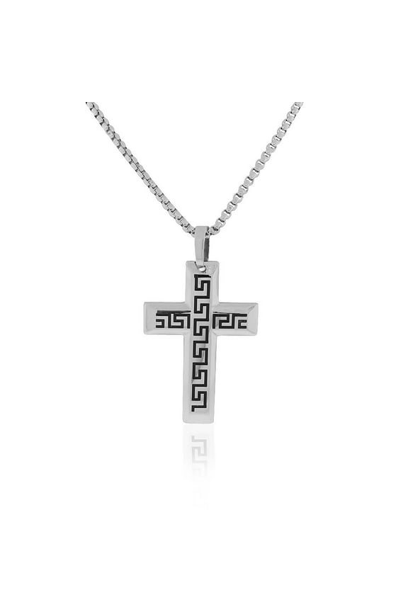 Stainless Steel Black Silver-Tone Greek Key Statement Cross Mens Necklace