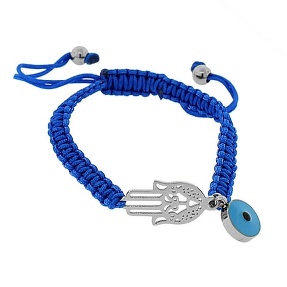 EDFORCE Stainless Steel Blue Silver-Tone Hamsa Evil Eye Macrame Beaded Adjustable Bracelet