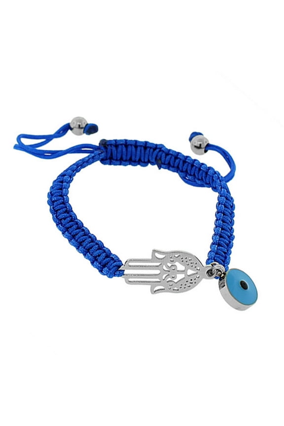 Stainless Steel Blue Silver-Tone Hamsa Evil Eye Macrame Beaded Adjustable Bracelet