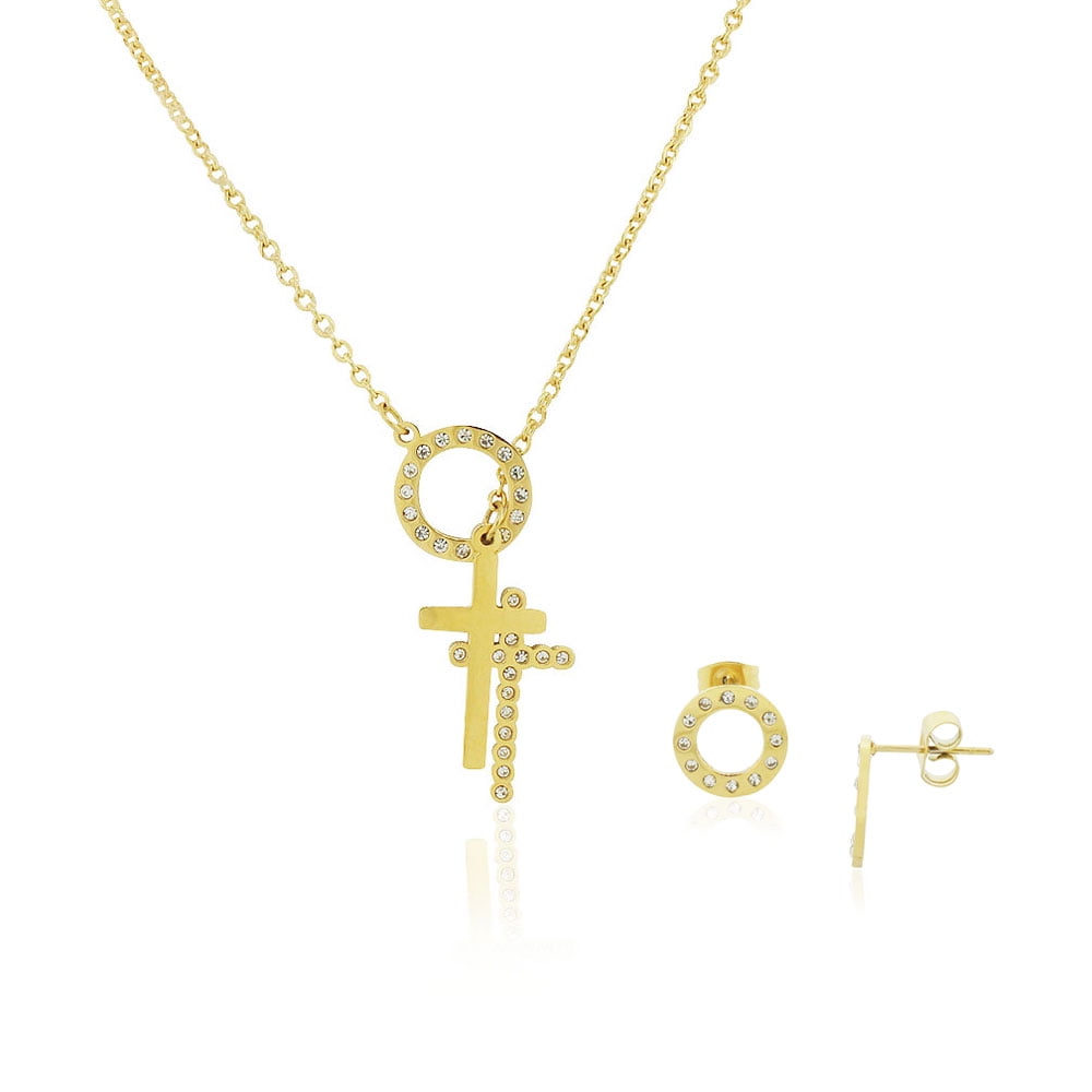 EDFORCE Stainless Steel Cross Circle Life Pendant Stud Earrings Set, 21"