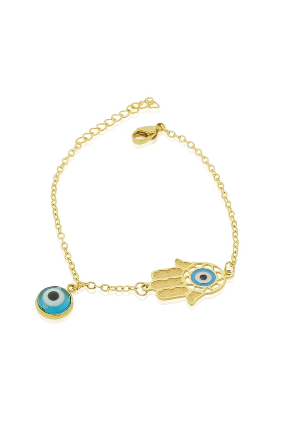 Stainless Steel Hamsa Evil Eye Protection Link Chain Bracelet, 8"