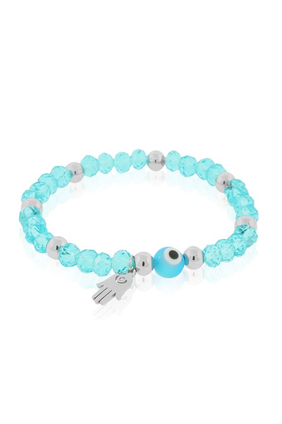 Stainless Steel Hamsa Evil Eye Protection Stretch Bracelet, 6.5"