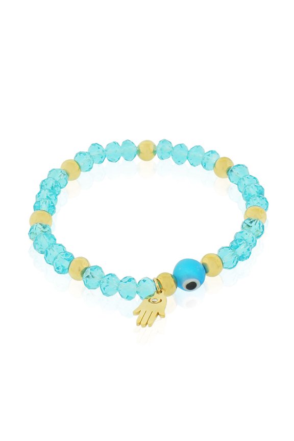 Stainless Steel Hamsa Evil Eye Protection Stretch Bracelet, 6.5"