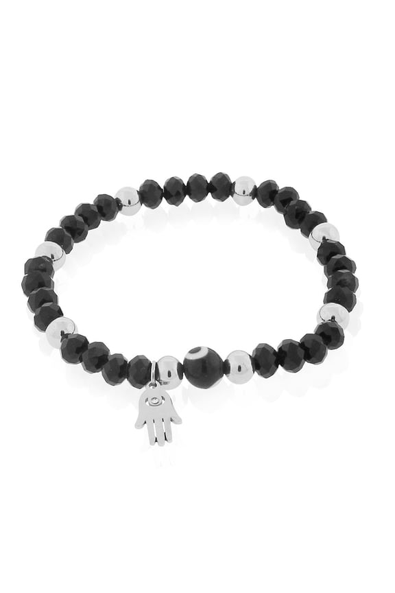 Stainless Steel Hamsa Evil Eye Protection Stretch Bracelet, 6.5"