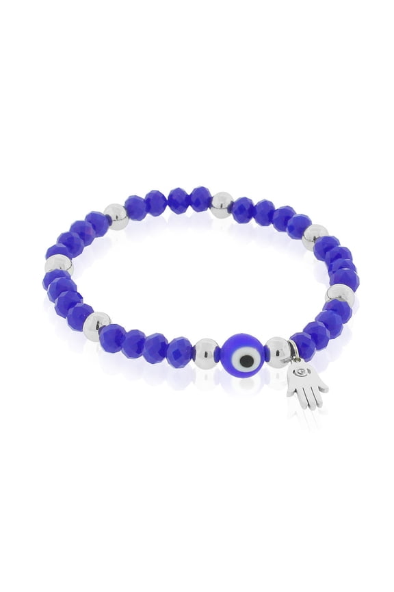 Stainless Steel Hamsa Evil Eye Protection Stretch Bracelet, 6.5"