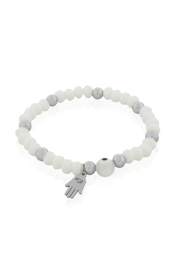 Stainless Steel Hamsa Evil Eye Protection Stretch Bracelet, 6.5"