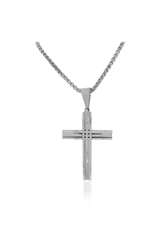 Stainless Steel Large Statement Mens Cross Pendant Necklace, 24"