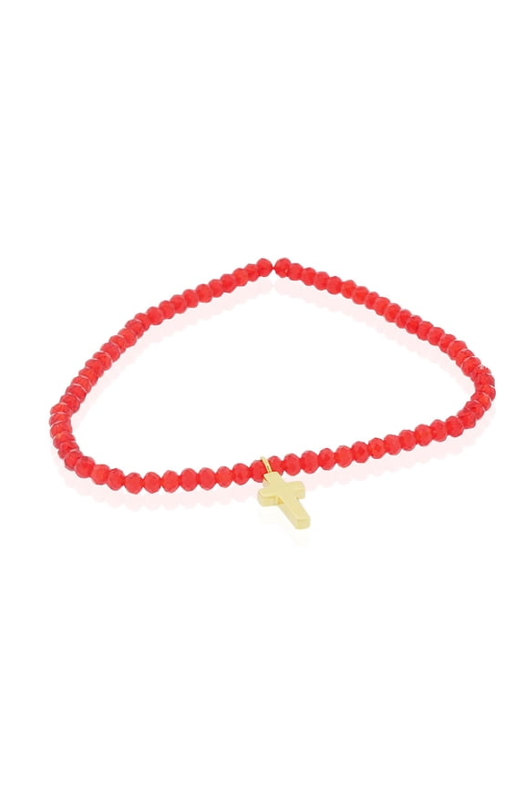 Stainless Steel Red Beads Yellow Gold-Tone Religious Cross Stretch Bracelet, 7"