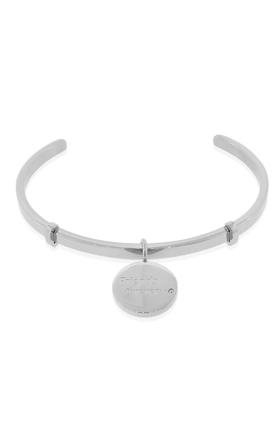 Stainless Steel Silver-Tone CZ Friends Forever Open End Bangle Bracelet