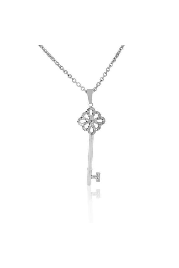 Stainless Steel Silver-Tone Clear CZ Large Statement Key Pendant Necklace