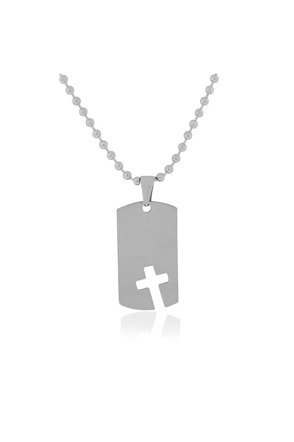 Stainless Steel Silver-Tone Dog Tag Mens Cut-out Cross Religious Pendant Necklace, 24"