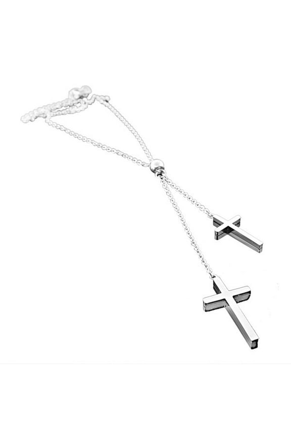 Stainless Steel Silver-Tone Double Two Latin Cross Religious Necklace