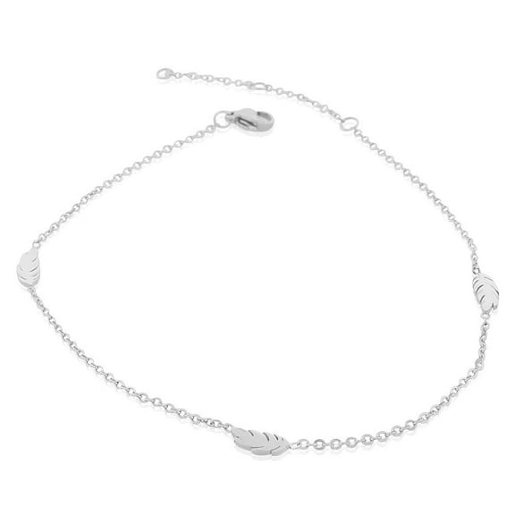 EDFORCE Stainless Steel Silver-Tone Feather Anklet Bracelet, 11"