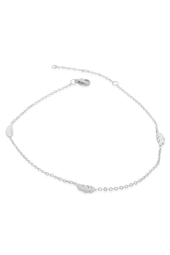 Stainless Steel Silver-Tone Feather Anklet Bracelet, 11"