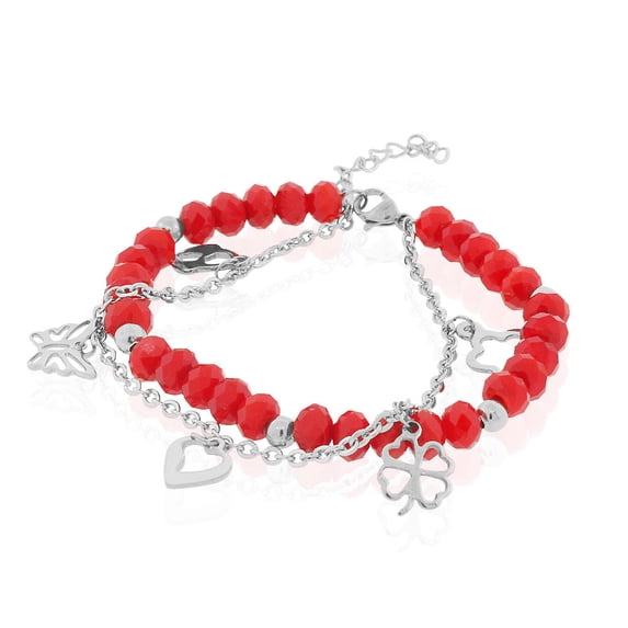 EDFORCE Stainless Steel Silver-Tone Flower Heart Charms Link Chain Bracelet, 7.5"