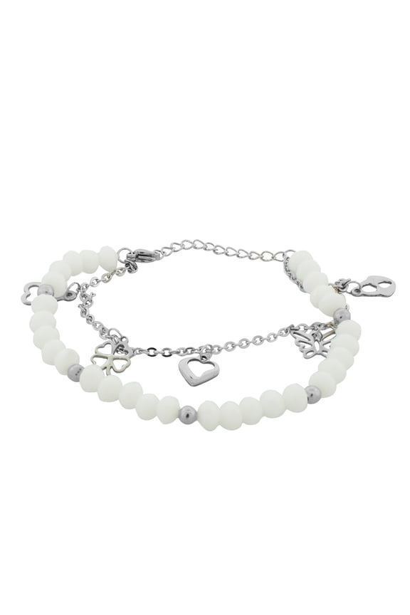 Stainless Steel Silver-Tone Flower Heart Charms Link Chain Bracelet, 7.5"