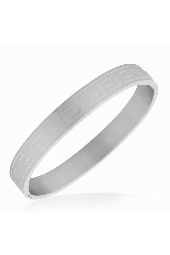 Stainless Steel Silver-Tone Greek Key Oval-Shaped Bangle Bracelet