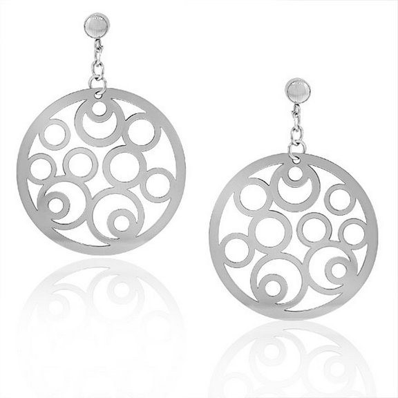 EDFORCE Stainless Steel Silver-Tone Large Round Filigree Dangle Drop Earrings