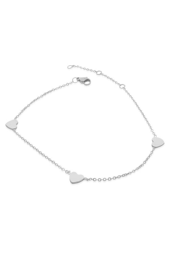 Stainless Steel Silver-Tone Love Heart Anklet Bracelet, 11"