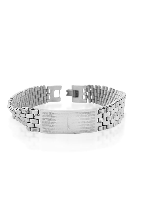 Stainless Steel Silver-Tone Padre Nuestro Lord's Prayer Spanish Men's Link Chain Bracelet