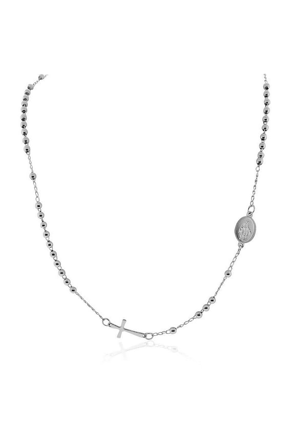 Stainless Steel Silver-Tone Religious Cross Jesus Medallion Beaded Necklace, 20"