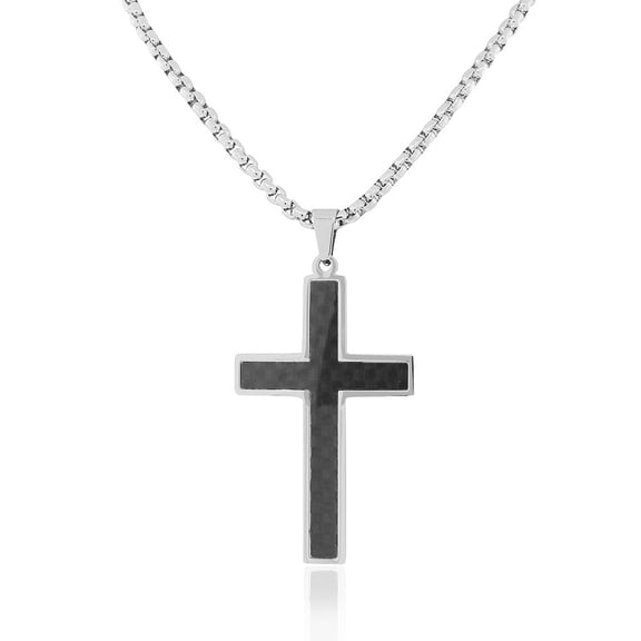 EDFORCE Stainless Steel Silver-Tone Simulated Black Carbon Fiber Statement Cross Necklace