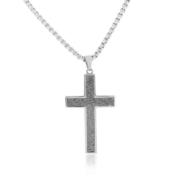 EDFORCE Stainless Steel Silver-Tone Simulated Carbon Fiber Statement Cross Necklace