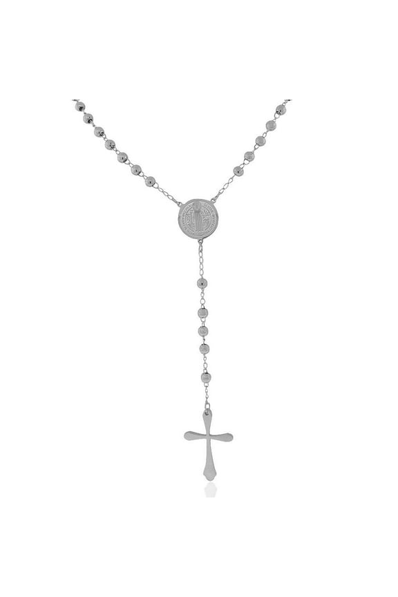 Stainless Steel Silver-Tone St. Benedict Religious Cross Rosary Beads Necklace, 22"