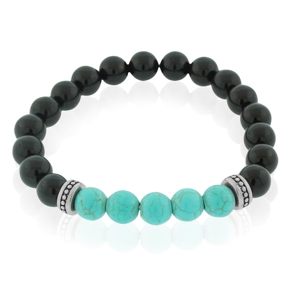 EDFORCE Stainless Steel Simulated Turquoise Black Beaded Stretch Bracelet, 8"