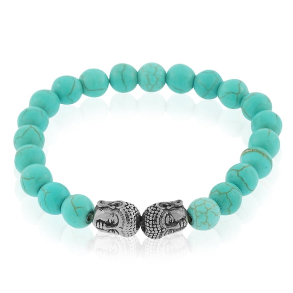 EDFORCE Stainless Steel Simulated Turquoise Silver-Tone Buddha Head Stretch Bracelet, 8"
