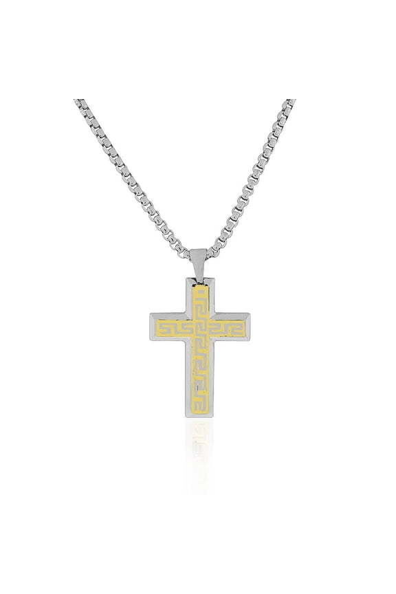 Stainless Steel Two-Tone Greek Key Statement Cross Men's Necklace