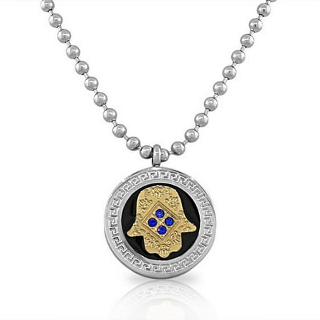 EDFORCE Stainless Steel Two-Tone Hamsa Evil Eye Blue CZ Pendant Necklace