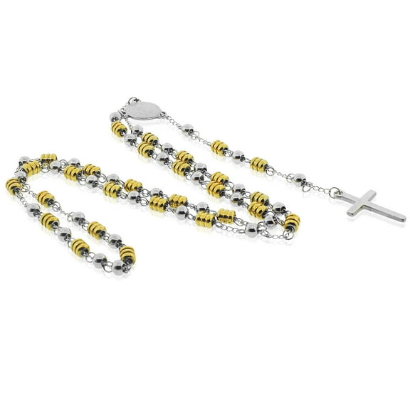 EDFORCE Stainless Steel Two-Tone St. Benedict Religious Cross Rosary Beads Necklace, 32"