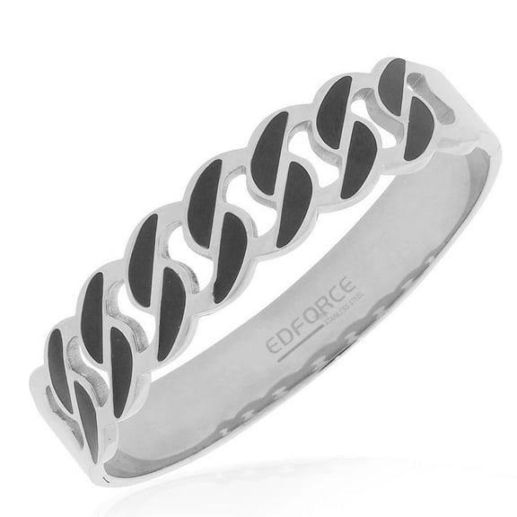 EDFORCE Stainless Steel White Black Enamel Bangle Bracelet, 7.5"