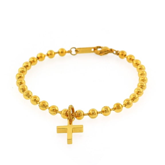 EDFORCE Stainless Steel Yellow Gold-Tone Ball Chain Latin Religious Cross Bracelet