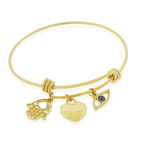 EDFORCE Stainless Steel Yellow Gold-Tone Hamsa Evil Eye Protection Bangle Bracelet, 8"