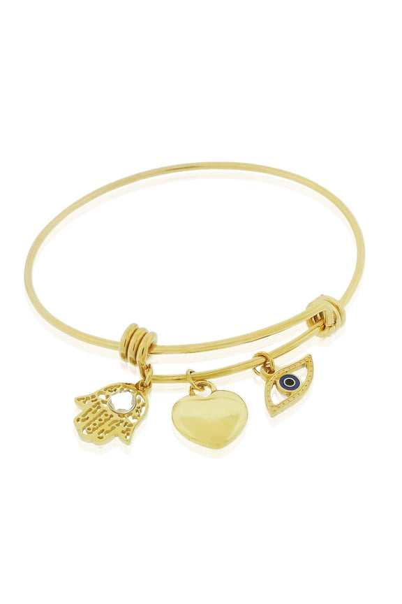 Stainless Steel Yellow Gold-Tone Hamsa Evil Eye Protection Bangle Bracelet, 8"