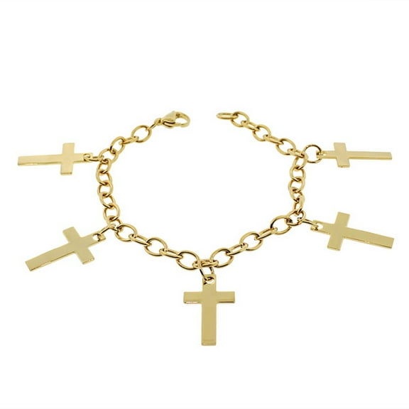 EDFORCE Stainless Steel Yellow Gold-Tone Latin Cross Religious Link Chain Bracelet